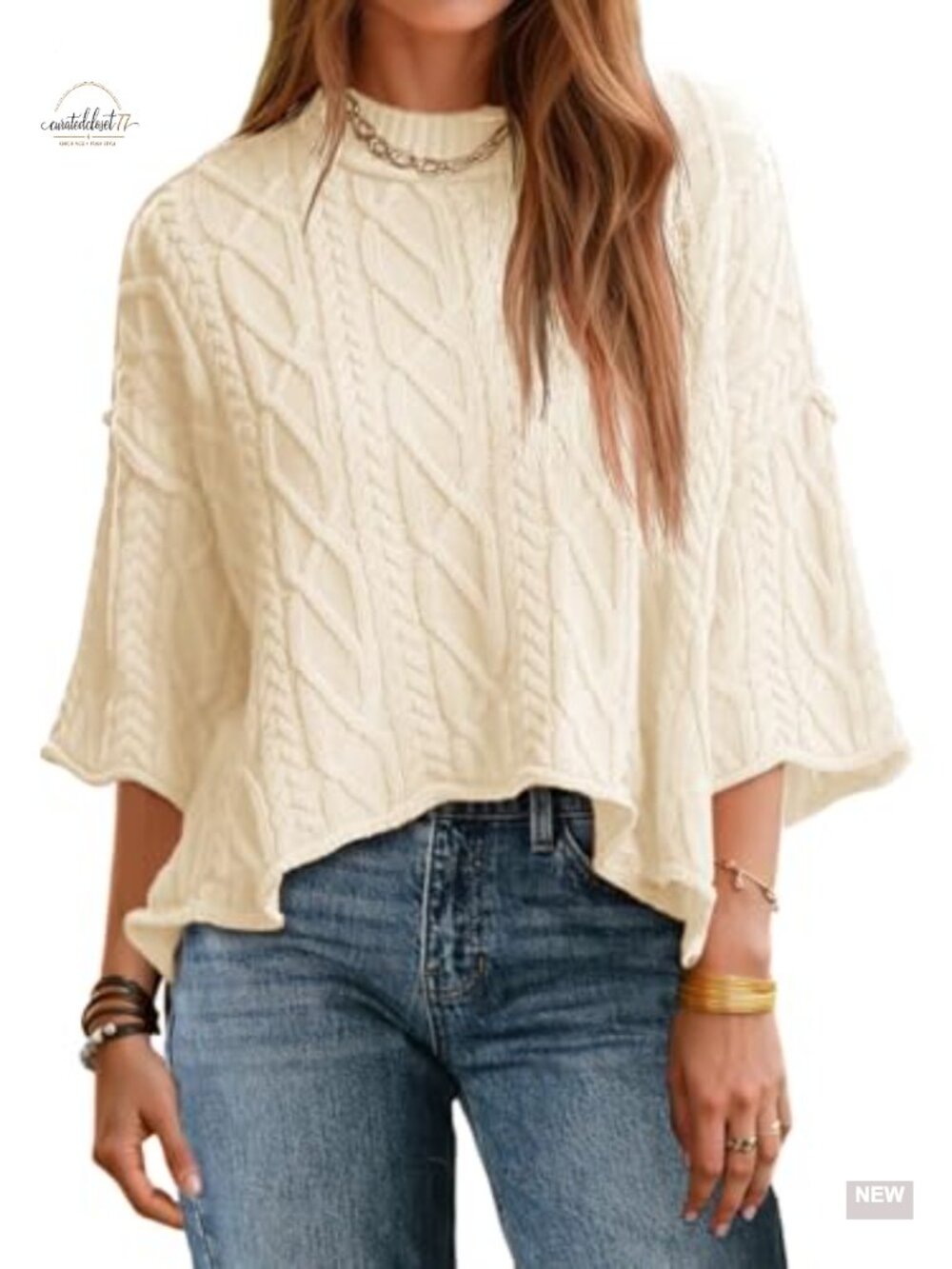 Cable Knit Cropped Sweater Oversized 3/4 Sleeve Pullover